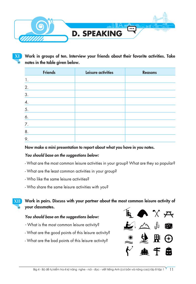 Sách Big 4 Bộ Đề Tự Kiểm Tra 4 Kỹ Năng Nghe - Nói - Đọc - Viết (Cơ Bản Và Nâng Cao) Tiếng Anh Lớp 8 Tập 1