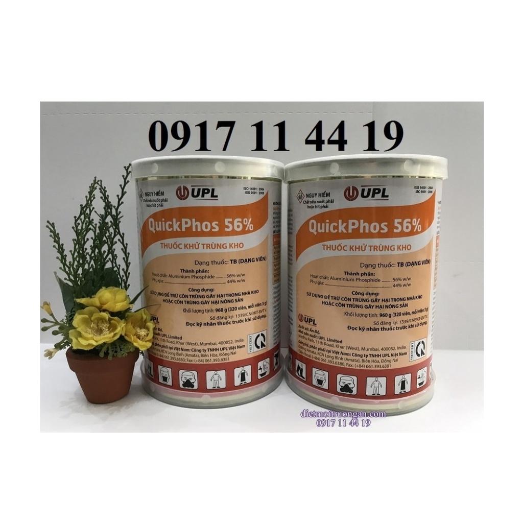 Sản phẩm khử trùng, diệt mọt nông sản Quickphos 56% xuất xứ Ấn Độ. Dạng viên tròn có tuýp, 1 hộp nặng 960g .