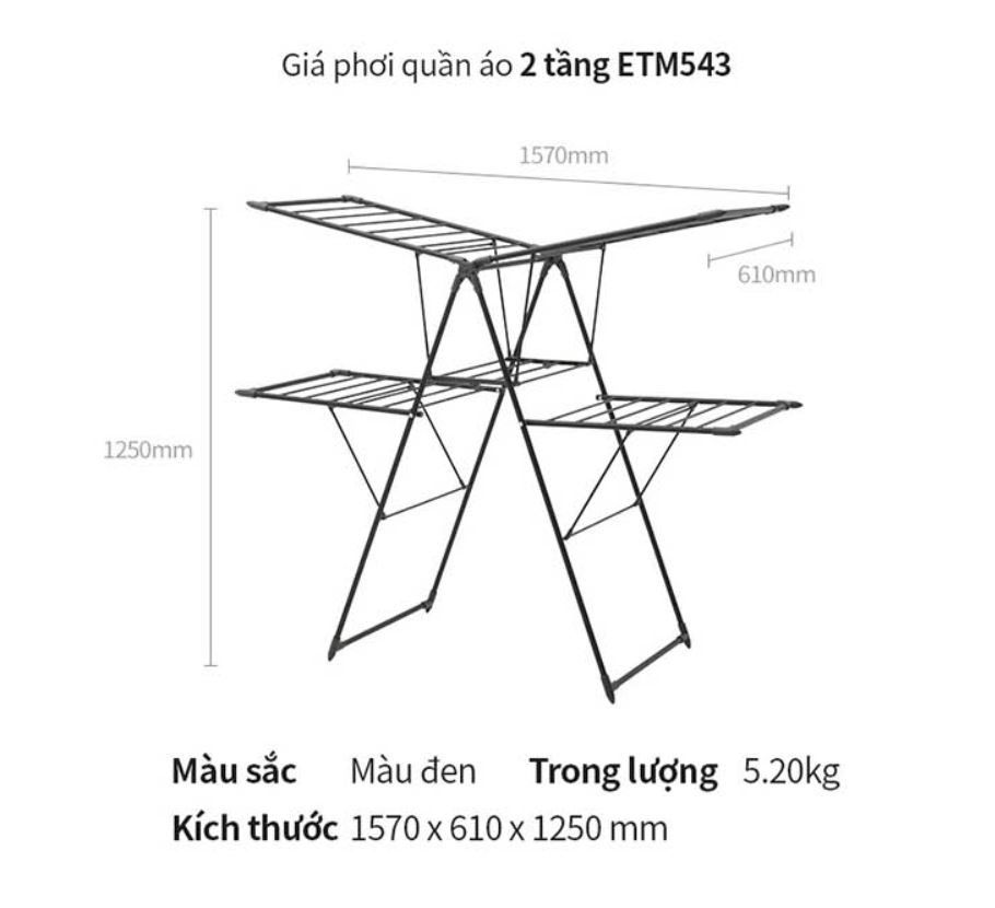 Giá Phơi Quần Áo Lock&amp;Lock ETM542 - (Màu đen nhám - Kích cỡ: 157 x 61 x 100 cm)