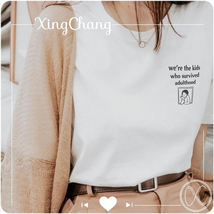 Áo thun nữ trắng cổ tròn, áo thun tay ngắn cao cấp XingChang nữ tính in Adulthood mã NXC55