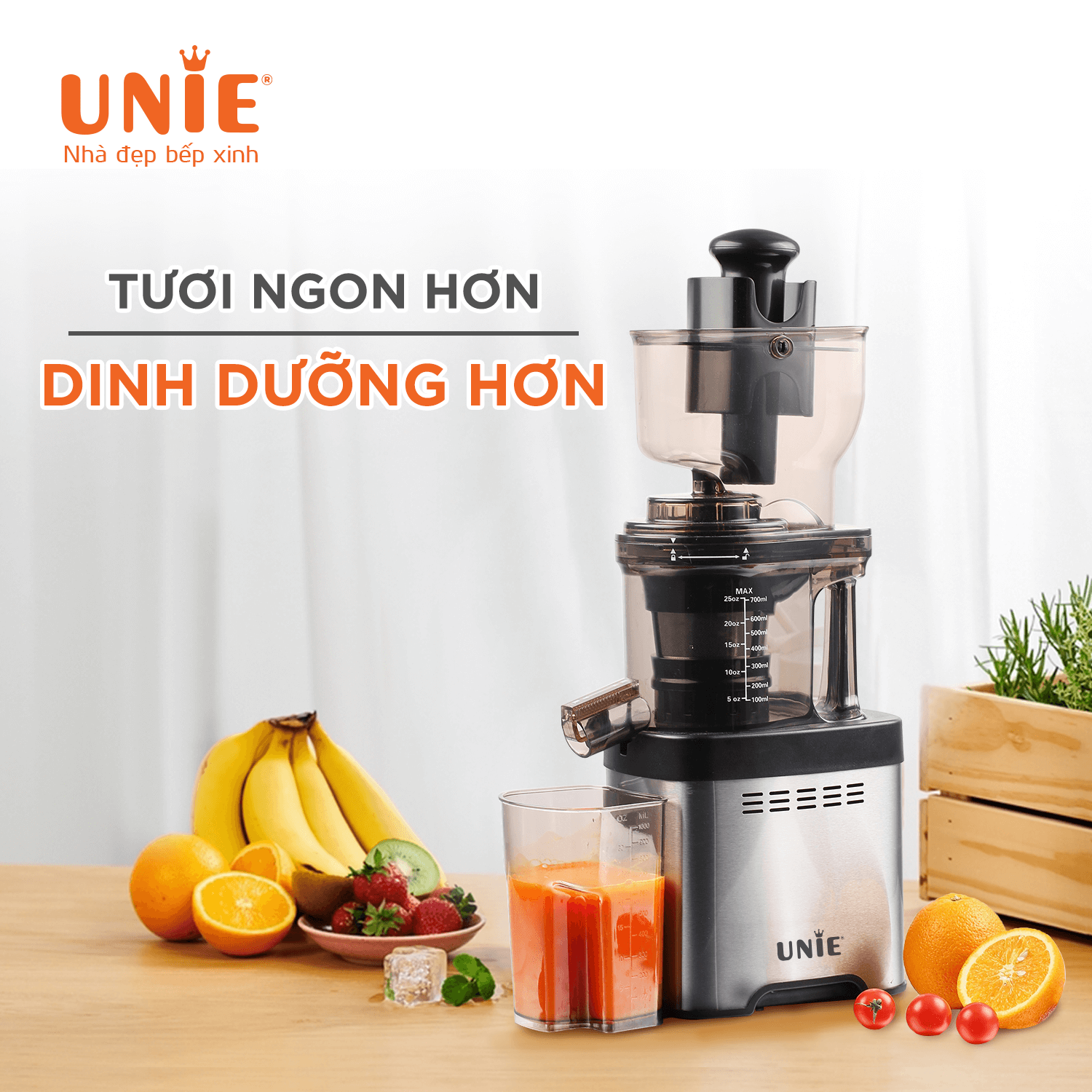 Máy Ép Trái Cây, Máy Ép Chậm Cao Cấp UNIE USJAC91S Tiêu Chuẩn Đức Dung Tích 700 ML Công Suất 400 W - Hàng Chính Hãng