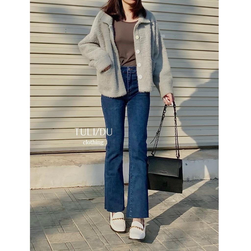Quần Jean Ống Loe Flared Jean Lưng Cao Màu Xanh Gấu Cắt Co Giãn TULIDU Quần Bò Ống Loe #T83