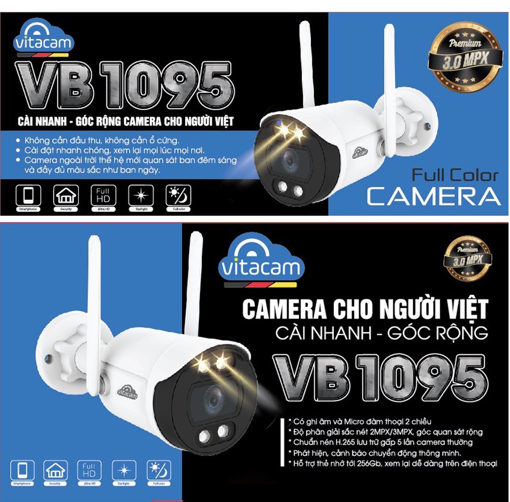 CAMERA IP WIFI NGOÀI TRỜI VITACAM VB1090 - 3MPX ULTRA HD 1080 - Ban đêm có màu - Hàng Nhập khẩu