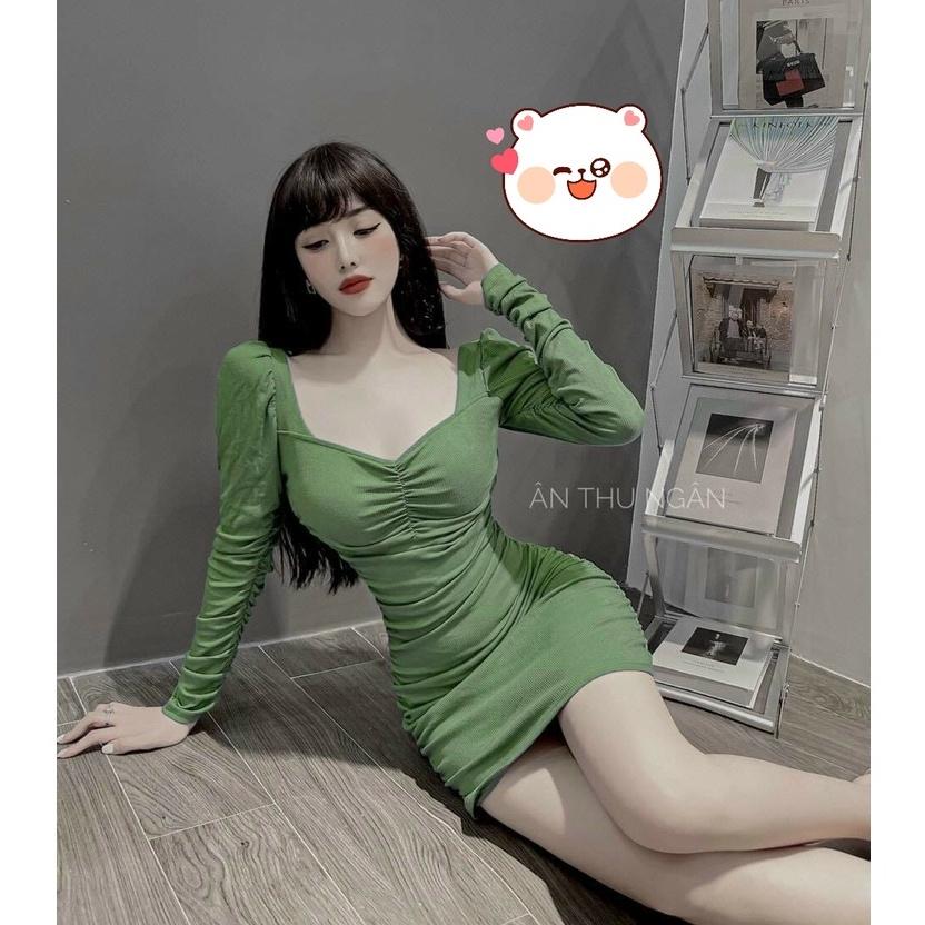 Đầm hotgirl body thun cổ vuông nhún ngực sang chảnh