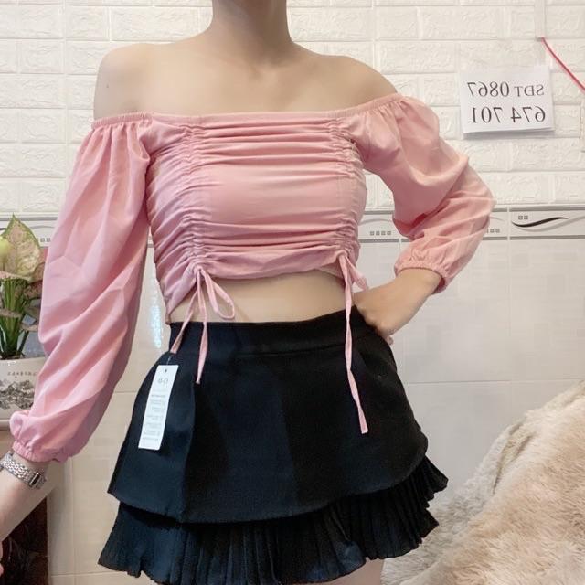Áo tay dài phồng nhún eo vải kate