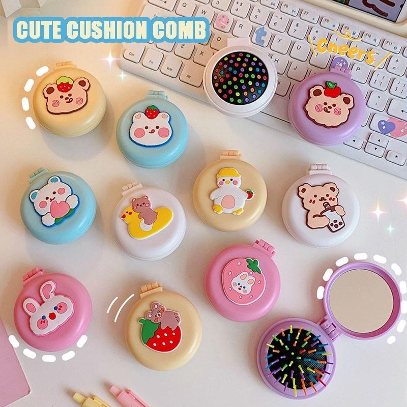 Lược gương massage 2in1 gấp gọn HỘP TRÒN hoạ tiết hoạt hình - Gương mini cầm tay kèm lược gỡ rối tóc bỏ túi tiện lợi