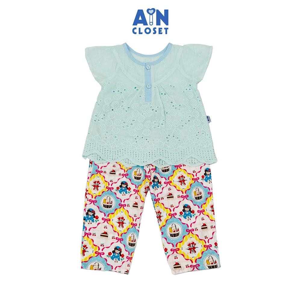 Bộ quần áo Dài tay ngắn bé gái họa tiết Búp Bê Xanh Cotton - AICDBG7LDKJS - AIN Closet