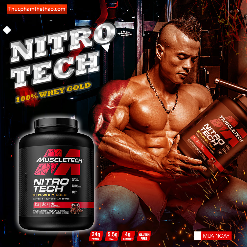 Sữa tăng cơ NITRO TECH 100% WHEY GOLD Hộp 5lbs (2.3kg) Hỗ Trợ Tăng Cơ, phục hồi, phát triển cơ bắp - KÈM QUÀ TẶNG - Hàng Chính Hãng USA