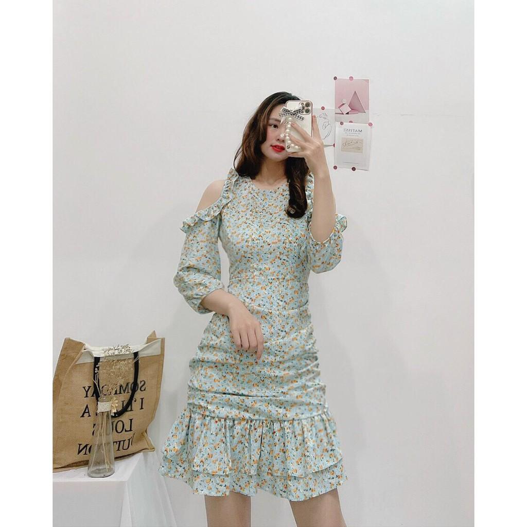 ĐẦM BODY HOA NHÍ XANH VÀNG KHOÉT VAI CỔ TRÒN NHÚN THÂN-hình thật shop chụp