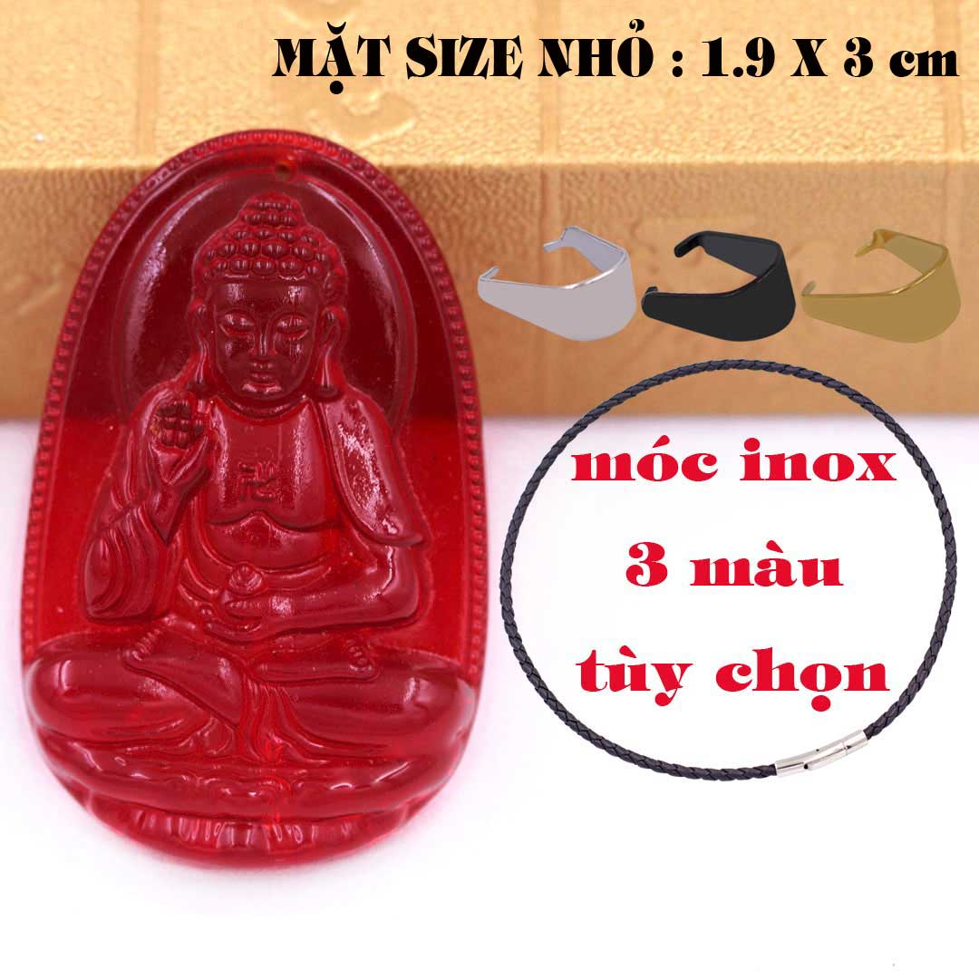 Mặt Phật A di đà pha lê đỏ 1.9cm x 3cm  kèm vòng cổ dây da đen + móc inox vàng, Phật bản mệnh, mặt dây chuyền