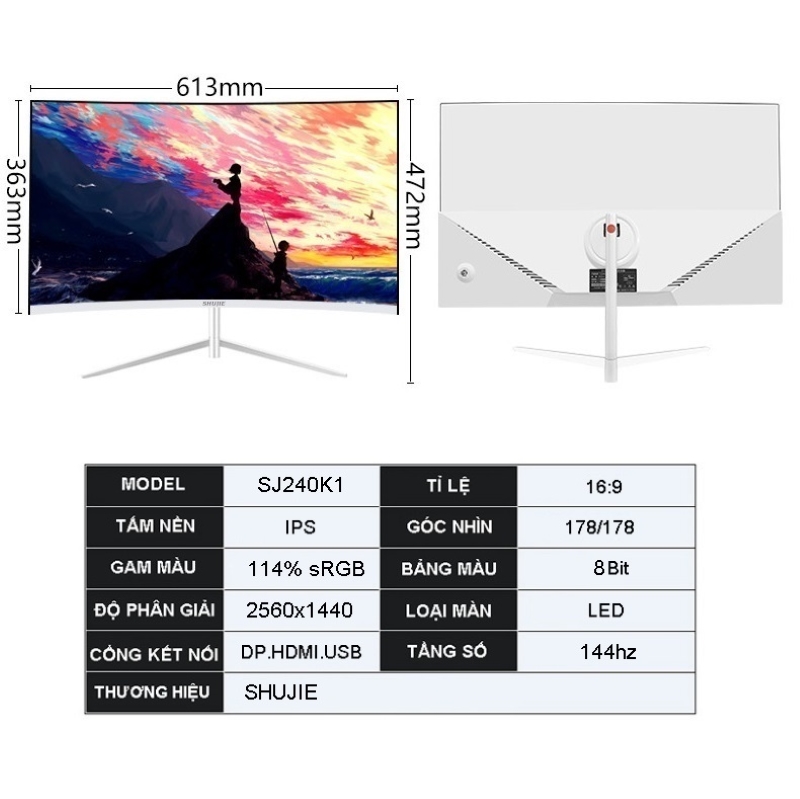 Màn Hình Máy Tính cong 27 inch 144hz 2K (2560 x 1440) Tràn Viền Shujie - Hàng nhập khẩu