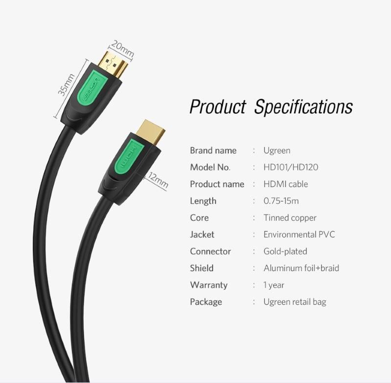 Ugreen UG40463HD101TK 3M màu Đen Cáp tín hiệu HDMI chuẩn 2.0 hỗ trợ phân giải 4K * 2K 60hz - HÀNG CHÍNH HÃNG
