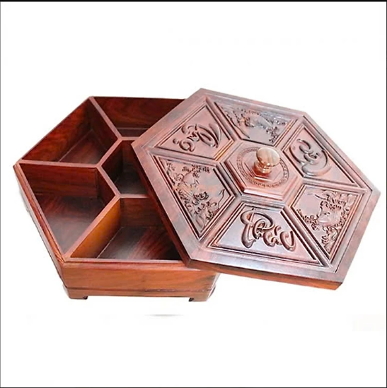Khay Đựng Mứt Tết Bánh Kẹo  Vuông 5 Ngăn Gỗ Gõ Tự Nhiên-DAICAT - Hình lục giác Chữ Phúc Lộc Thọ