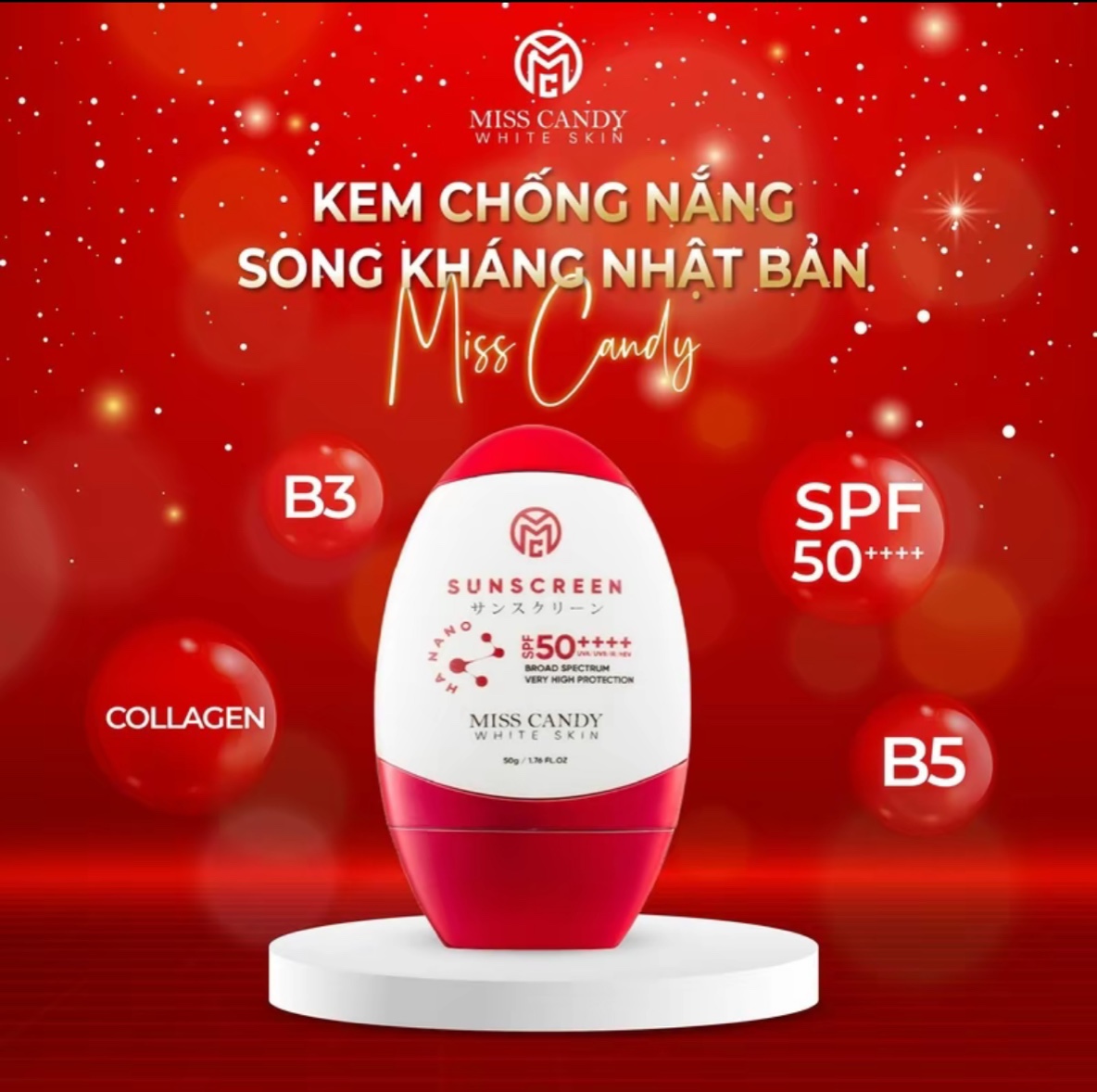 Kem Chống Nắng Song Kháng Nhật Bản MISS CANDY SUNSCREEN HA NANO SPF 50,PA ++++ 50g, Chống Nước, Chống UVA/UVB, Chống Ánh Sáng Xanh &amp; Tia Hồng Ngoại,Bảo Vệ Da Lên Đến 8 Tiếng - Gia Tuệ House