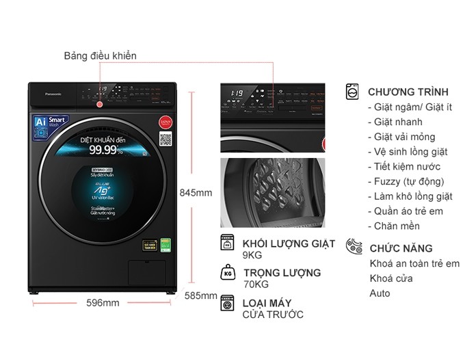 Máy giặt lồng ngang Panasonic Inverter 9Kg+sấy 6Kg NA-S96FR1BVT