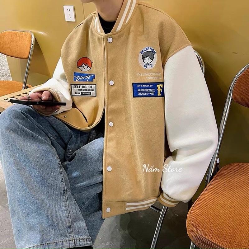 Áo khoác bomber in hình unisex form rộng style ulzzang - Áo khoác bóng chày màu đen, nâu, xanh Nấm Store