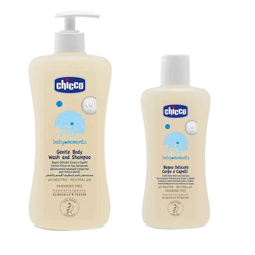 Sữa TẮM GỘI CHICCO Baby Moments Chiếc Xuất Yến Mạch Dưỡng Ẩm Mềm Da Chống Rôm Sảy, từ 0 Tháng Tuổi, chai 200ml/500ml