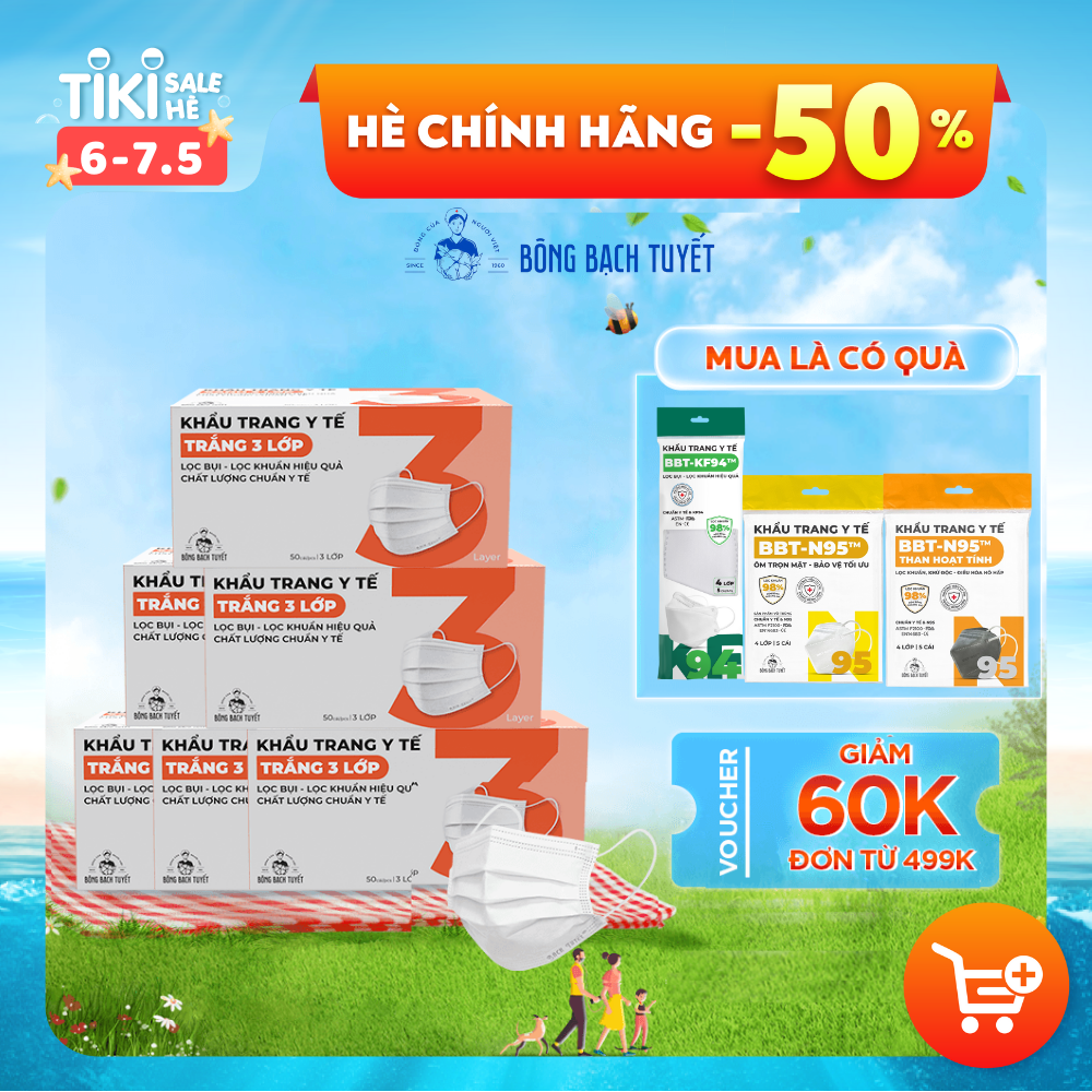 Combo 6 Hộp Khẩu trang Bông Bạch Tuyết 3 lớp trắng (50 cái/hộp)