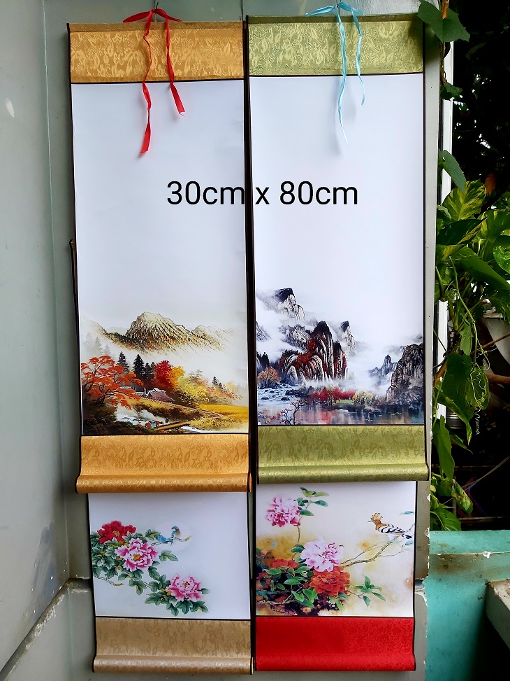 Bộ 4 biểu lụa viết thư pháp in tranh 4 mẫu kích thước 30cm x 80cm