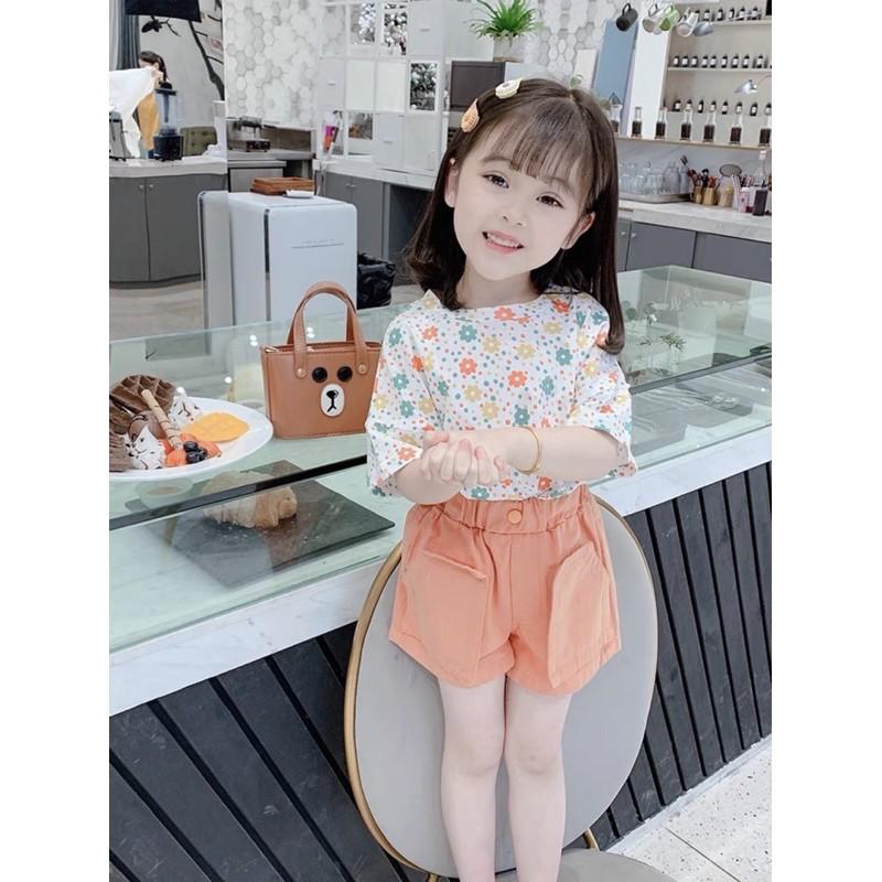 Bộ Hoa Nhí Màu Cam Quần Thô 2 Túi Hoạ Tiết Xinh Xắn Cho Bé - Nhà Cam