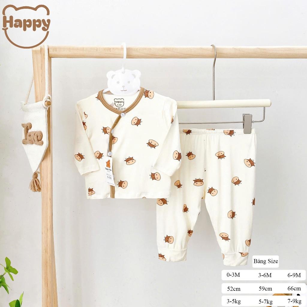 [3-8kg] Bộ Quần Áo Sơ Sinh Dài Tay Thun Lạnh NỀN KEM VIỀN NÂU Mềm, Mát, Có Đáp Đũng Mặc Tã Thoải Mái - Gấu Sao