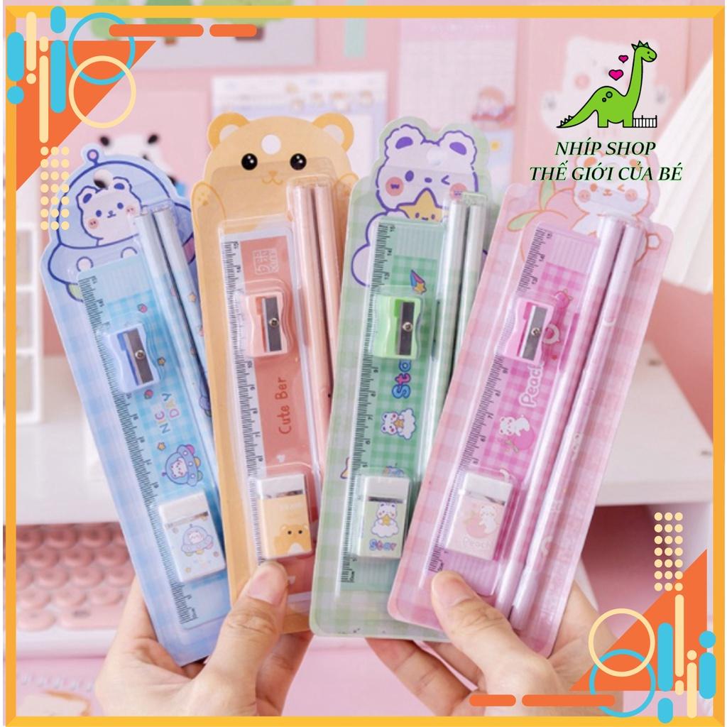 Bộ bút chì 5 trong 1 họa tiết gấu hoạt hình dễ thương kèm gôm tẩy