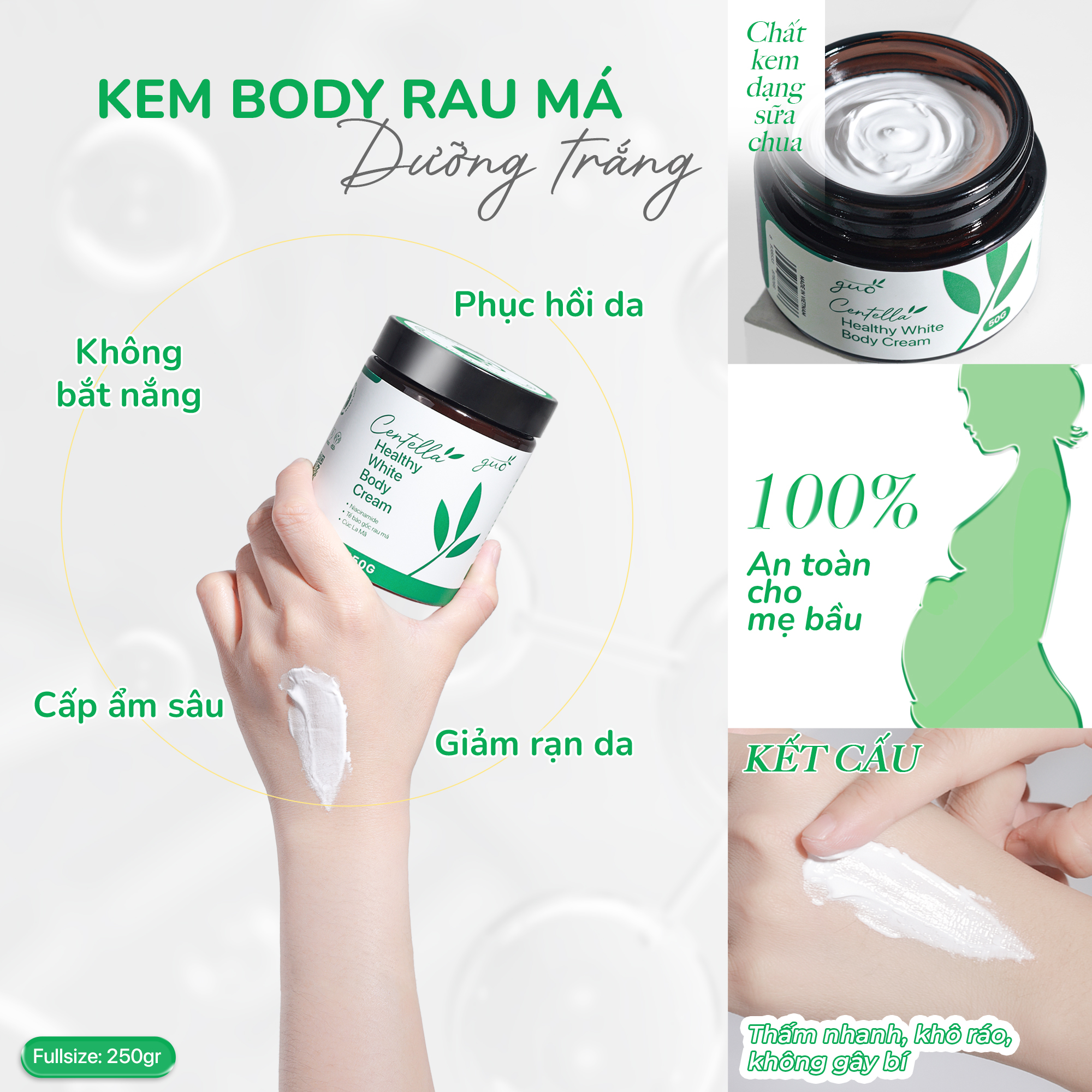 KEM BODY DƯỠNG TRẮNG MỊN DA RAU MÁ, NÂNG TONE TỨC THÌ, MỜ SẠM, THẨM THẤU NHANH - Centella Healthy White Body Cream GUO