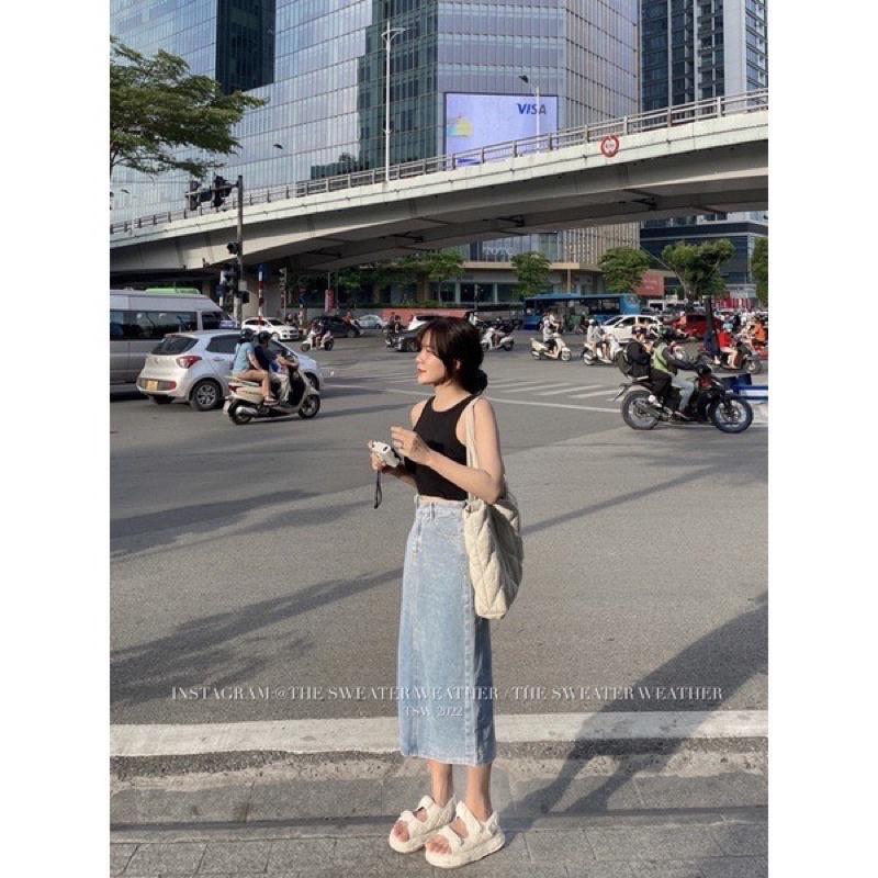 CHÂN VÁY BÒ DENIM TRƠN XẺ SAU DÀI QUA GỐI JEANS #919