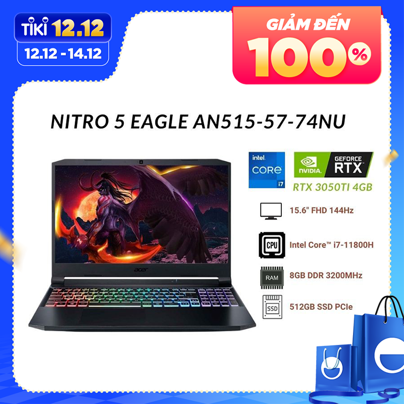 Laptop Acer Gaming Nitro 5 Eagle AN515-57-74NU NH.QD9SV.001 (Core i7-11800H/ 8GB DDR4 3200Mhz/ RTX 3050Ti 4G-GDDR6/ 512GB SSD PCIe NVMe/ 15.6 FHD IPS, 144Hz/ Win10) - Hàng Chính Hãng