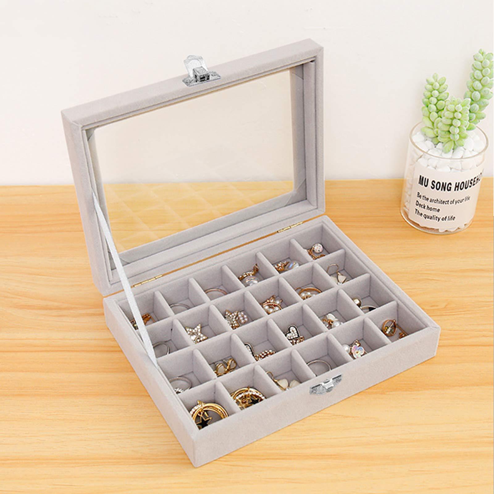 Hộp Trang Sức 24 Ngăn, Rương Trang Sức, Màn Hình Có Nắp Kính Trong Cho Nhẫn, Đồng Hồ, Dây Chuyền, Hoa Tai, Ý Tưởng Quà Tặng