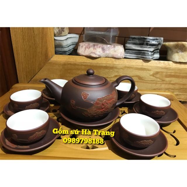 Bộ ấm chén tống khắc sen chìm  Tinh xảo  Gốm sứ Bát Tràng cao cấp