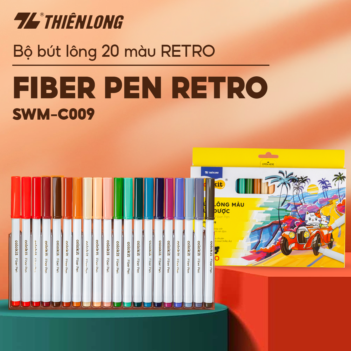 Bút lông màu Fiber Pen 20 màu Retro Thiên Long Colokit rửa được ngòi chóp viết nét thanh nét đậm SWM-C009