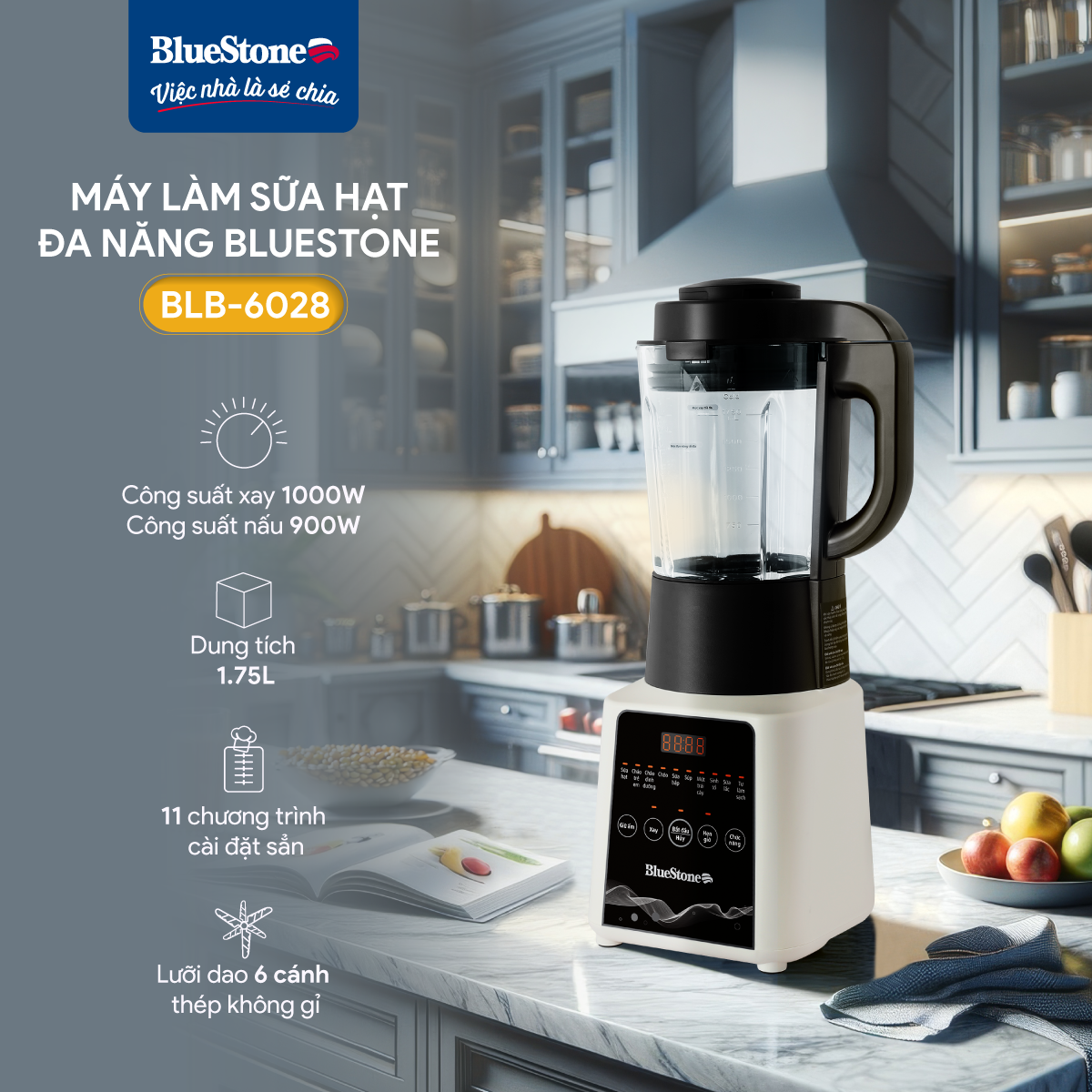 Máy Làm Sữa Hạt Đa Năng BlueStone BLB-6028 -1,75 Lít - (900-1000W) -11 Chương trình - Lưỡi 6 cánh - Bảo hành 24 tháng - Hàng chính hãng
