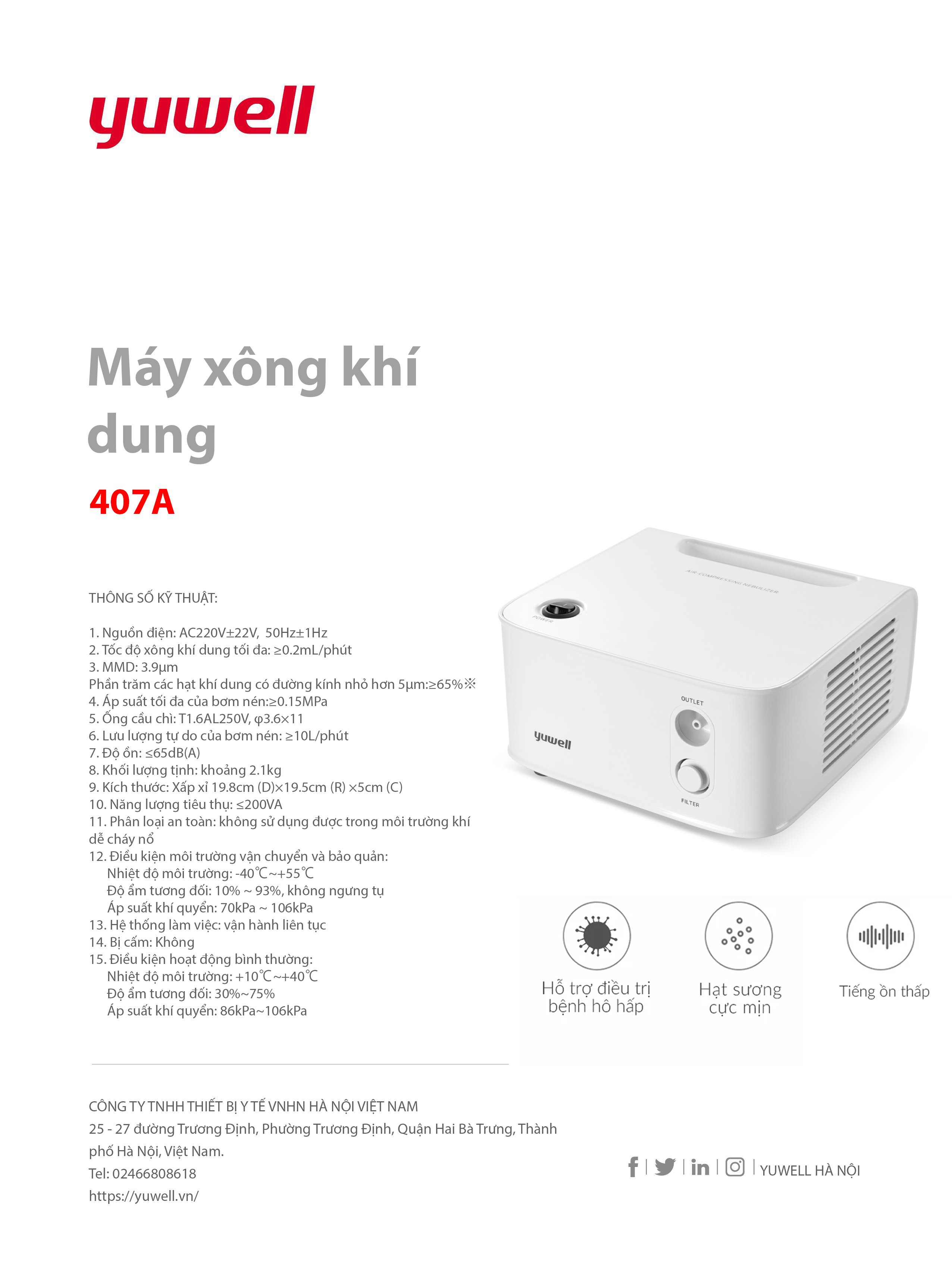 Máy xông khí dung Yuwell 407A - Xông mũi họng cho trẻ em và người lớn.