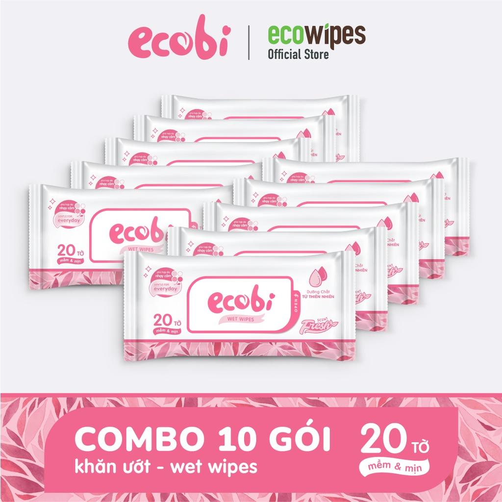 Combo 10 gói khăn ướt cho bé Ecobi gói 20 tờ Ecobi Hương dịu nhẹ không cồn không paraben an toàn cho làn da nhạy cảm của bé