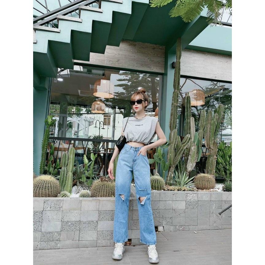 Quần Jean Nữ Ống Rộng Lưng Cao Rách Gối Phong Cách Ulzzang Năng Động, Chất Bò Dày Dặn 2 Màu Xanh Và Xám NB Stores