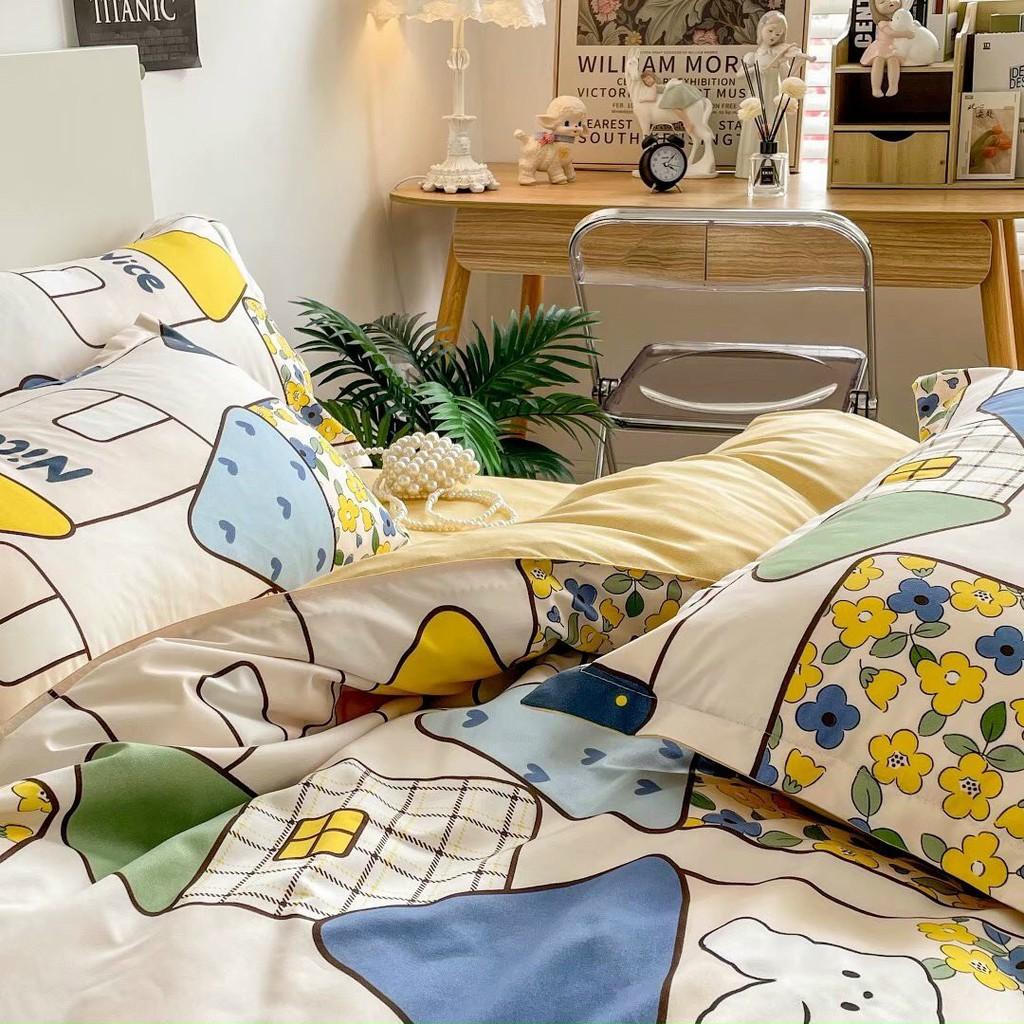 Bộ chăn ga gối Cotton Poly M2T bedding ngôi nhà nhỏ, vỏ chăn mền, drap giường và 2 vỏ gối