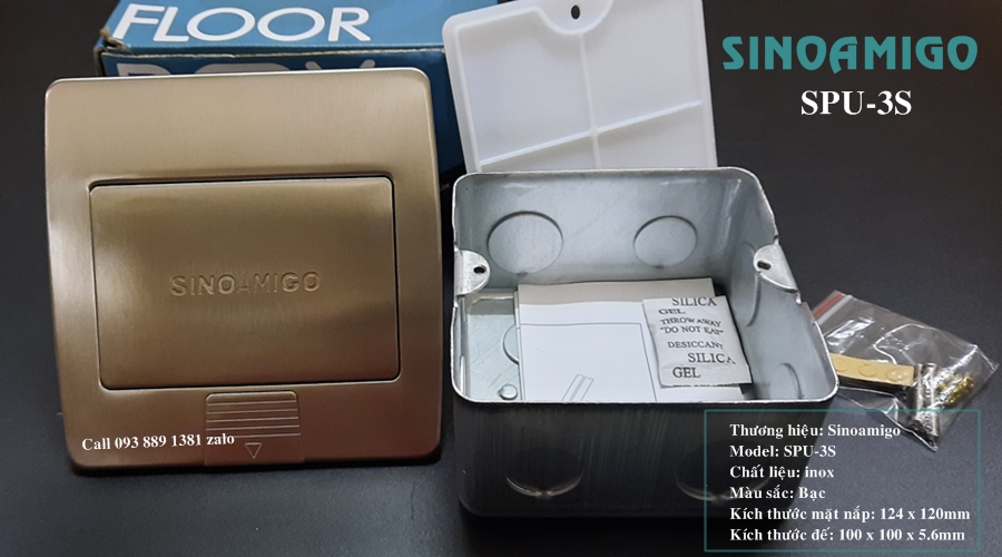 Ổ cắm âm sàn đa năng Sinoamigo SPU-3S inox đúc nguyên tấm, không bị oxy hóa