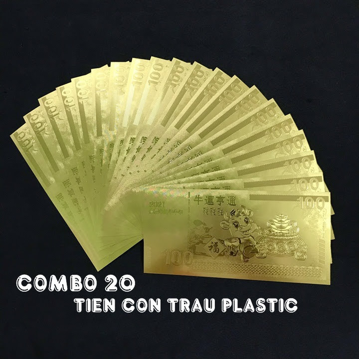 Combo 20 tờ lưu niệm 100 hình con Trâu, chất liệu nhựa plastic mạ một lớp màu vàng, dùng để trang trí trong nhà, làm tiền lì xì dịp Tết Tân Sửu 2021, treo trên cây mai, bỏ vào túi xách - SP005095