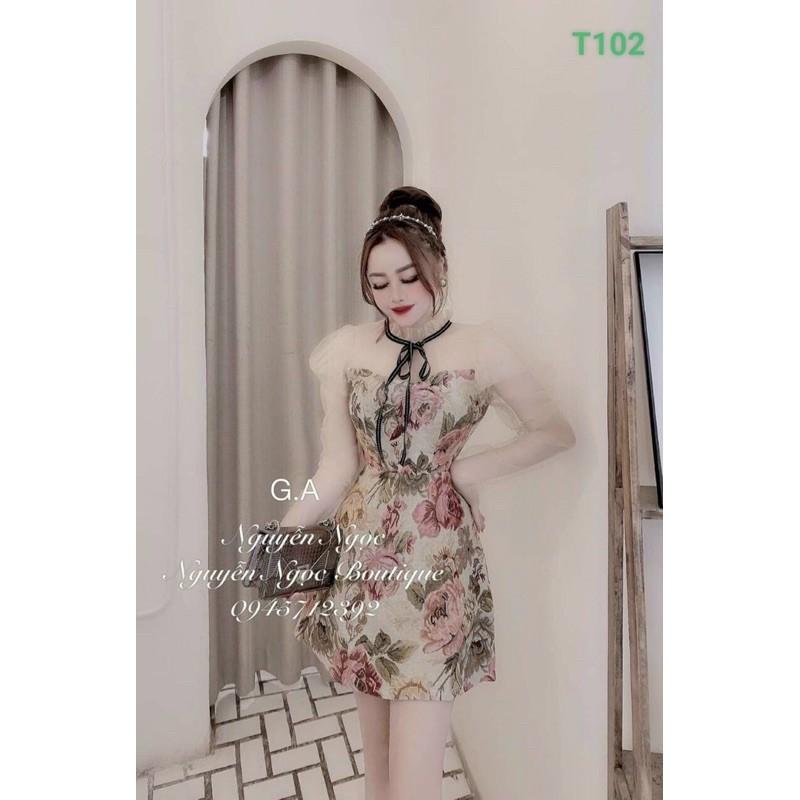 Đầm hoạ tiết hoa phối lưới có nơ cổ phong cách tiểu thư sang chảnh kèm hình thật