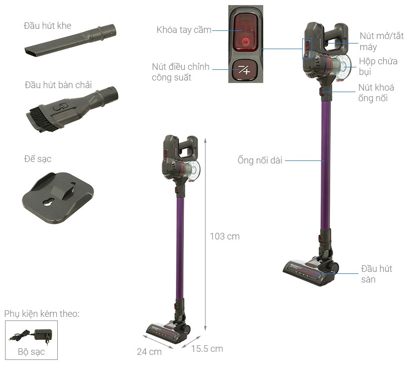 Máy Hút Bụi Không Dây Dùng Pin Sạc Lock&amp;Lock ENV151 Lực Hút 12000pa Làm Sạch Nhanh - Hàng Chính Hãng Tặng Combo Ống Hút + Cọ Rửa