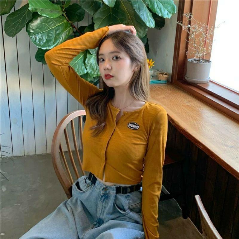 Áo croptop thun tay dài cúc thật thêu logo thời trang XIXO ATN0022