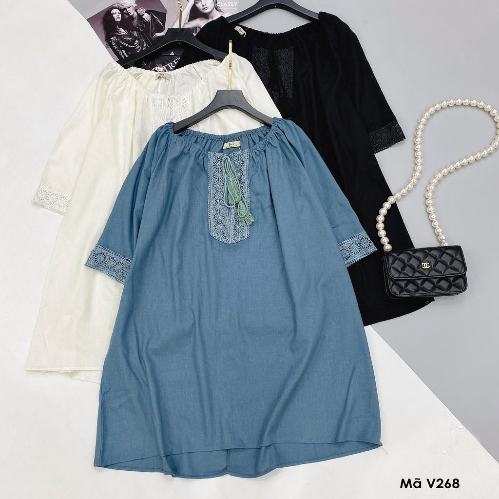 Váy suông đũi tay lỡ, phối ren, đầm xuông rộng freesize 3 màu xanh, tắng, đen mã V268 - Michi's House