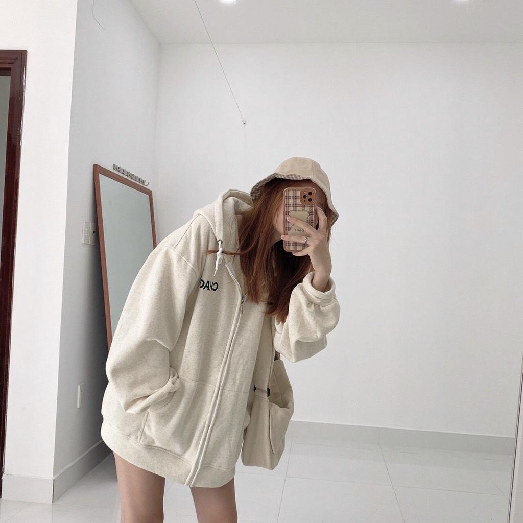 Áo khoác hoodie zip XÁM form rộng nam nữ vải nỉ lót bông thêu chữ CHAOS