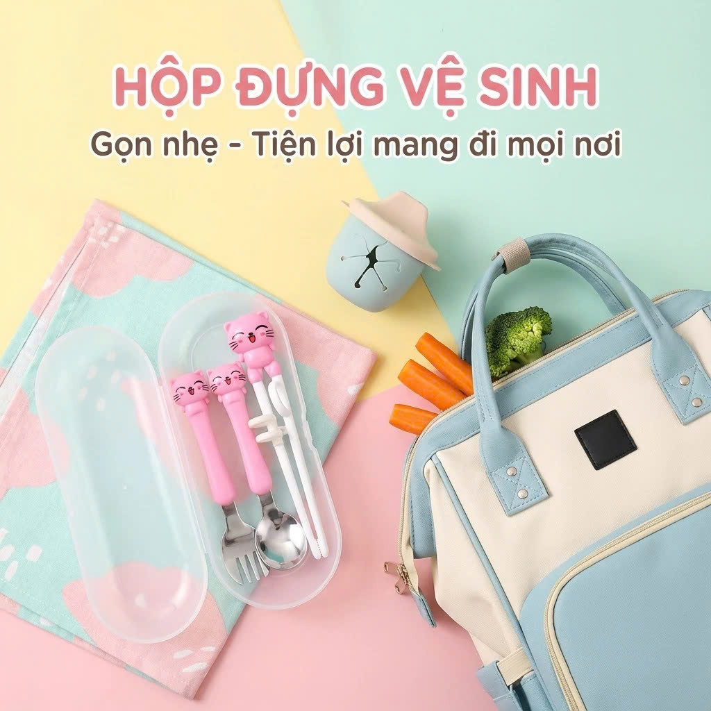 Bộ Ăn Dặm Cho Bé 3 Món, Đũa Xỏ Ngón + Thìa + Dĩa, Dễ Cầm Chống Rơi, An Toàn, Màu Xanh/Hồng - HÀNG CHÍNH HÃNG MINIIN