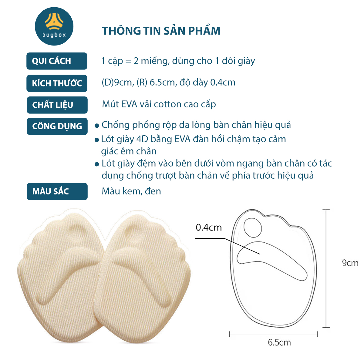 Miếng lót mũi giày đa năng 4D, chống đau ngón chân - buybox - BBPK14