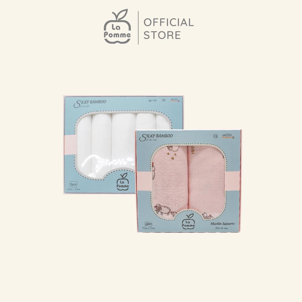 Combo 2 K001 Set 5 Khăn sữa (30x30cm) màu Trắng + K002 Set 2 Khăn đa năng sợi tre lụa La Pomme (75x75cm) - Pink Sheep