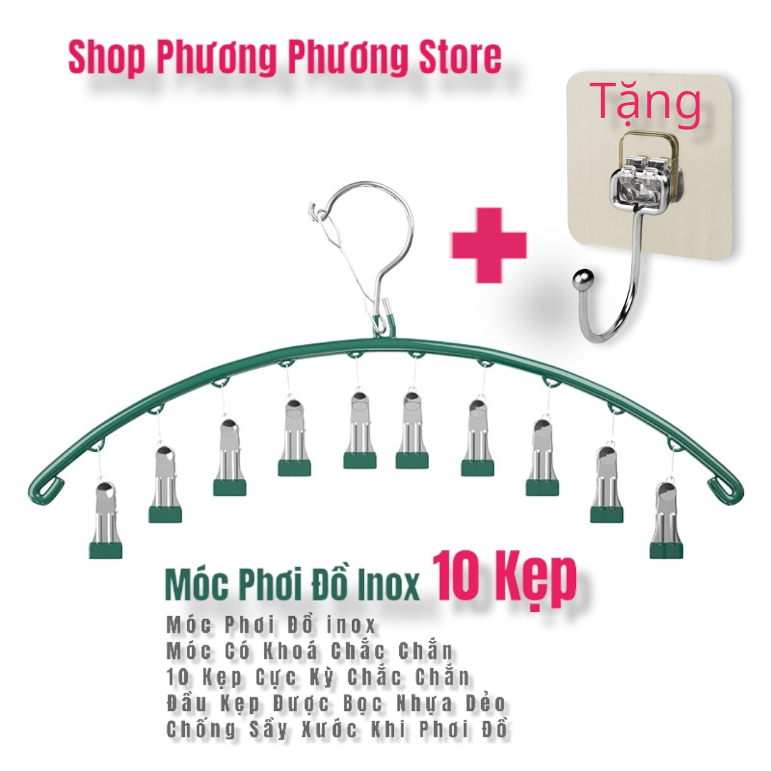 Móc phơi quần áo inox có khóa móc treo chắc chắn - 10 kẹp được phủ nhựa chống sầy xước khi phơi đồ Hàng Cao Cấp