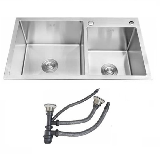 Combo chậu rửa chén bát inox GREENENVI kích thước 78x43 hai hố lệch, vòi rửa bát inox nóng lạnh Lò xo, rá inox, bình xà phòng, bộ xả chậu