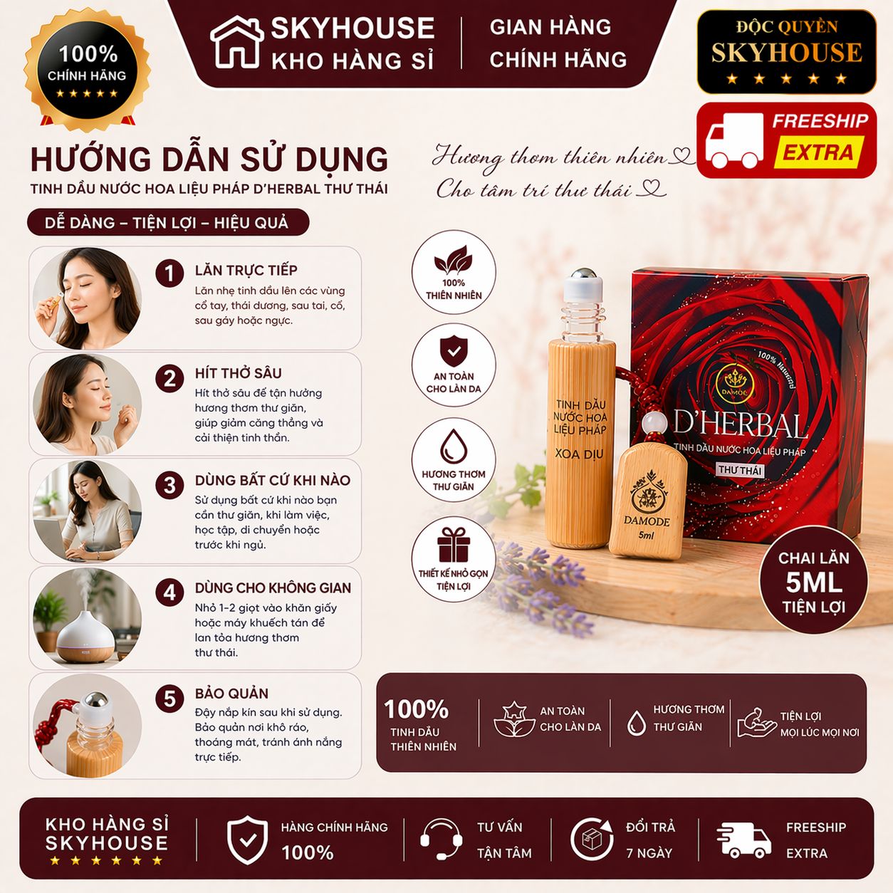 Tinh dầu nước hoa thư thái trị liệu DHERBAL độc quyền DAMODE chai 5ml tinh dầu nước hoa giảm stress chính hãng